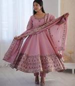 Pink silk blend embroidered gown set
