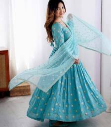 Blue silk blend embroidered gown set