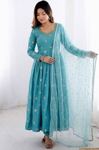 Blue silk blend embroidered gown set