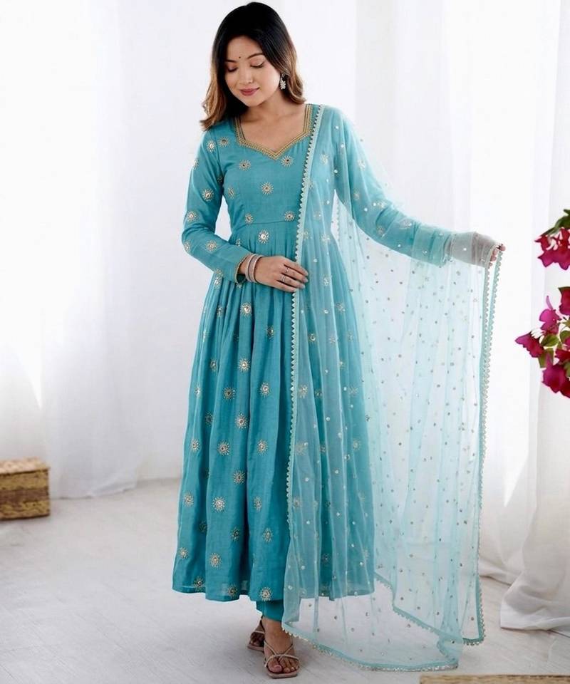 Blue silk blend embroidered gown set