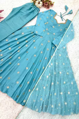 Blue silk blend embroidered gown set