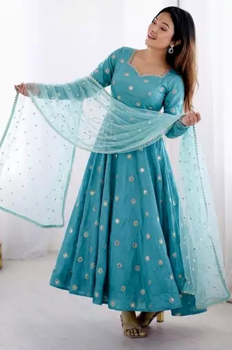 Blue silk blend embroidered gown set