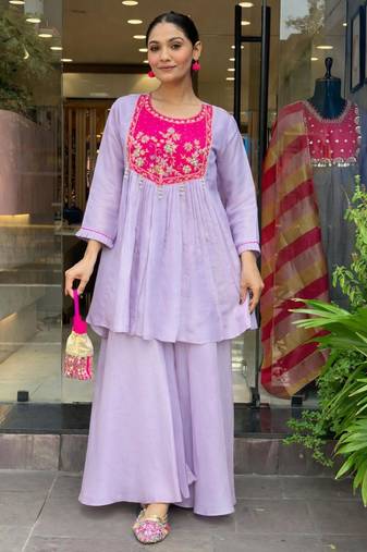 Lavender glass tissue embroidered palazzo set