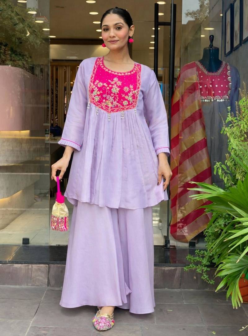 Lavender glass tissue embroidered palazzo set