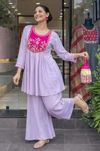 Lavender glass tissue embroidered palazzo set
