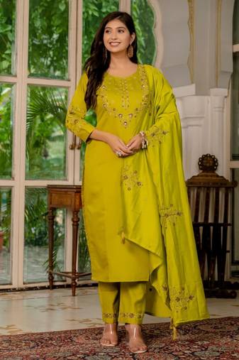 Mustard silk blend embroidered trouser set