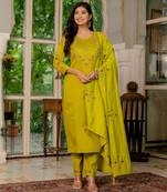 Mustard silk blend embroidered trouser set