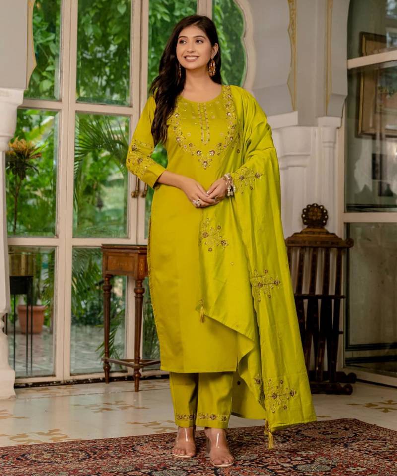 Mustard silk blend embroidered trouser set