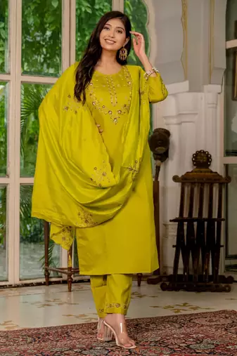 Mustard silk blend embroidered trouser set