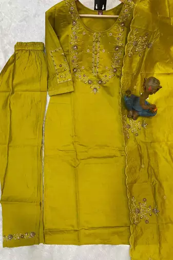 Mustard silk blend embroidered trouser set