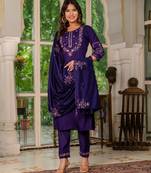 Blue silk blend embroidered trouser set