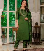 Green silk blend embroidered trouser set
