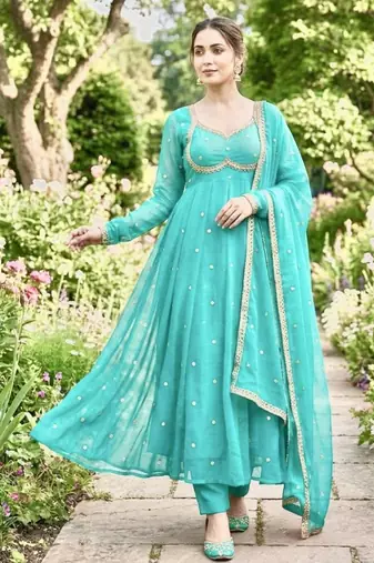 Sea green satin embroidered gown set