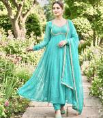 Sea green satin embroidered gown set