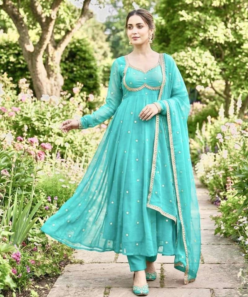 Sea green satin embroidered gown set