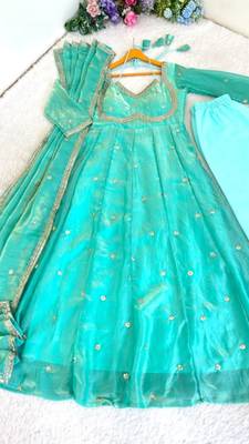 Sea green satin embroidered gown set 2