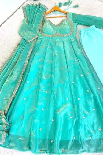 Sea green satin embroidered gown set