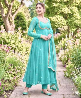 Sea green satin embroidered gown set 3