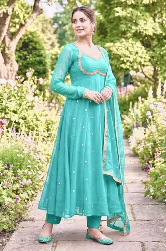 Sea green satin embroidered gown set