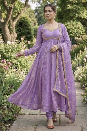 Lavender satin embroidered gown set