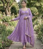 Lavender satin embroidered gown set