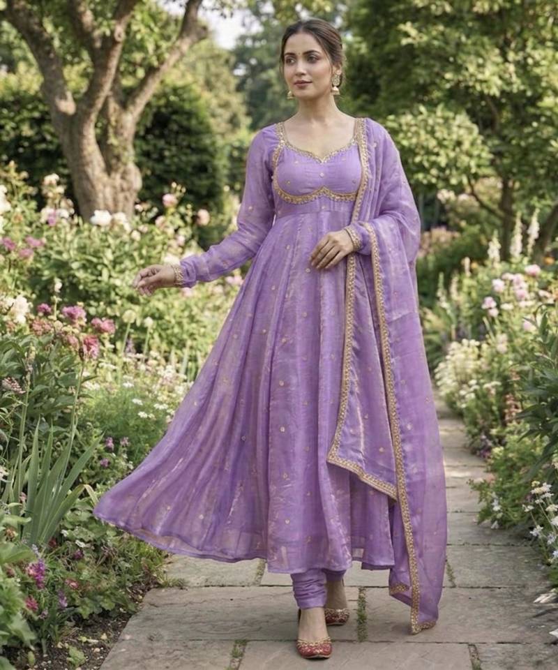 Lavender satin embroidered gown set