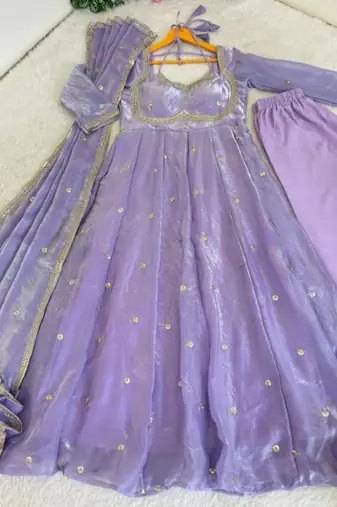 Lavender satin embroidered gown set
