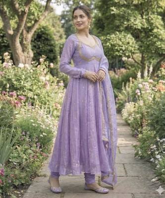 Lavender satin embroidered gown set 3