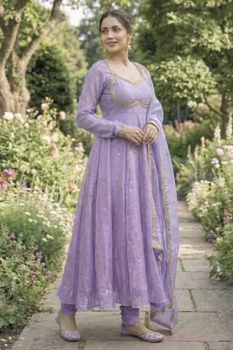 Lavender satin embroidered gown set