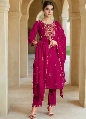 Pink silk blend embroidered trouser set 1