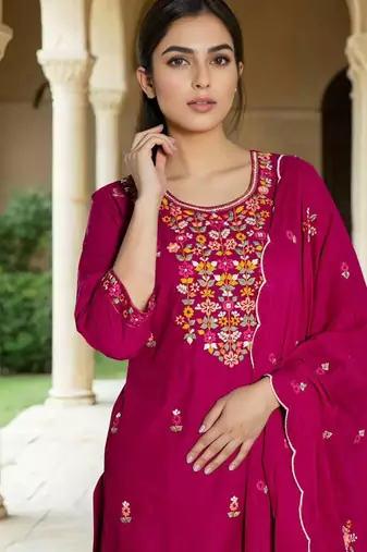 Pink silk blend embroidered trouser set