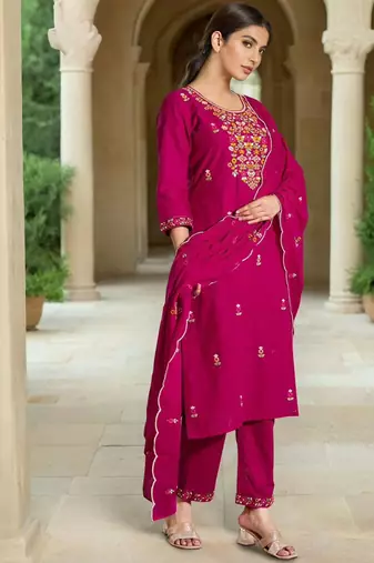 Pink silk blend embroidered trouser set