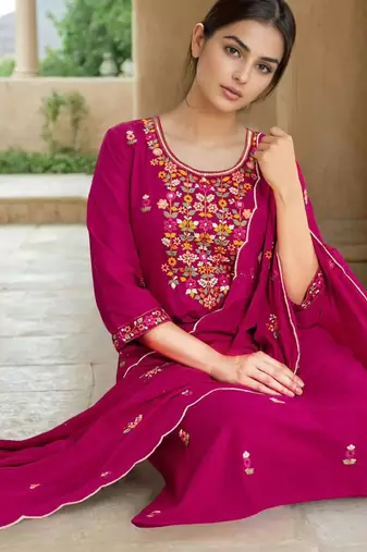 Pink silk blend embroidered trouser set