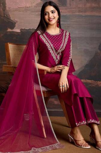 Purple silk blend embroidered trouser set