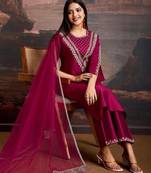 Purple silk blend embroidered trouser set
