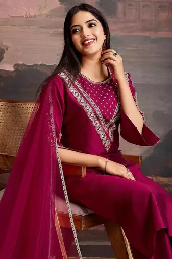 Purple silk blend embroidered trouser set
