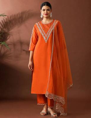 Orange silk blend embroidered trouser set 1