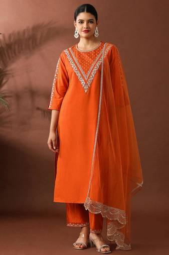 Orange silk blend embroidered trouser set
