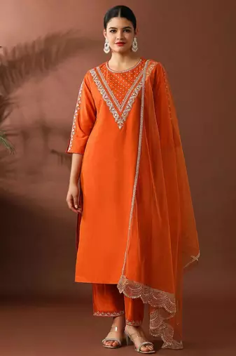 Orange silk blend embroidered trouser set