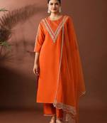 Orange silk blend embroidered trouser set