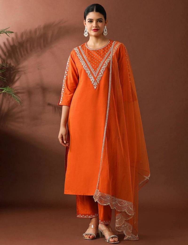 Orange silk blend embroidered trouser set
