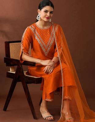 Orange silk blend embroidered trouser set 2