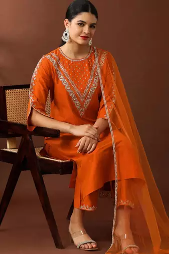 Orange silk blend embroidered trouser set
