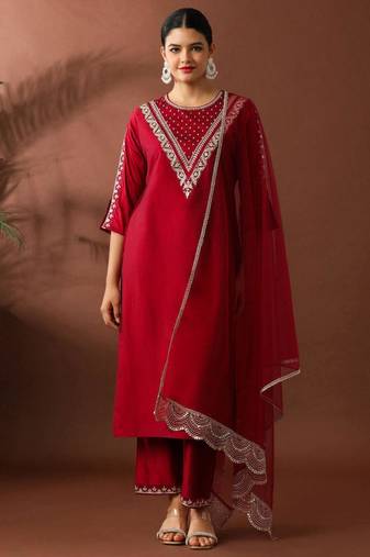 Red silk blend embroidered trouser set