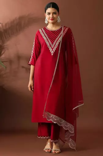 Red silk blend embroidered trouser set