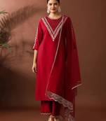 Red silk blend embroidered trouser set