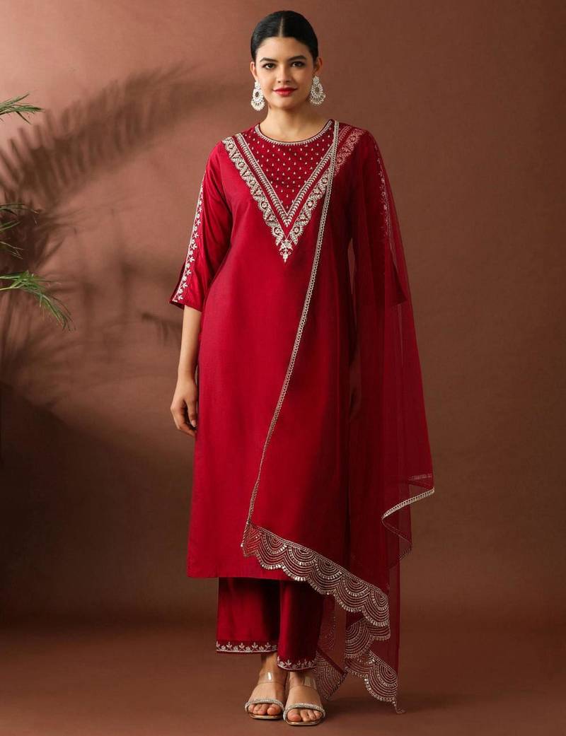Red silk blend embroidered trouser set