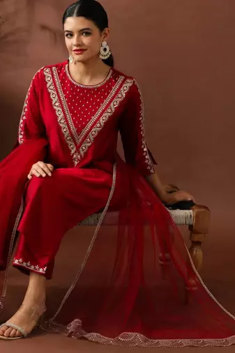 Red silk blend embroidered trouser set