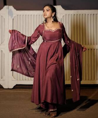 Chocolate silk blend embroidered gown set 1
