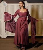 Chocolate silk blend embroidered gown set